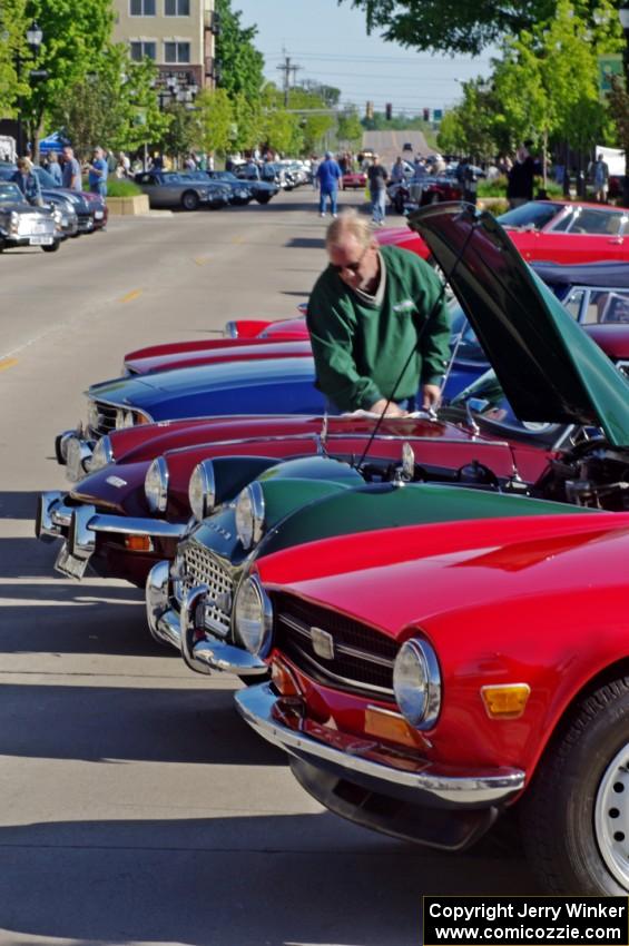 Front to back) Triumph TR-6, Triumph TR-3, Triumph Spitfire and Triumph Stag