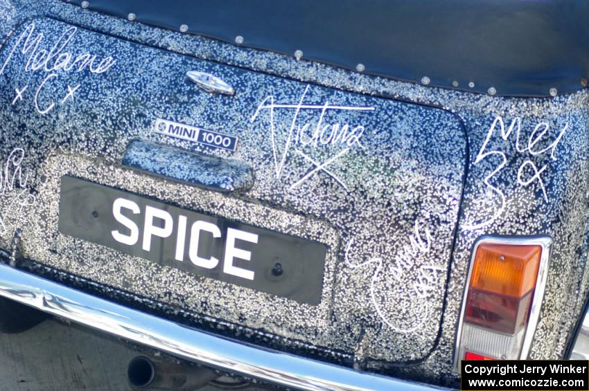 Autographs of the Spice Girls on the back of the stretch Austin Mini Cooper