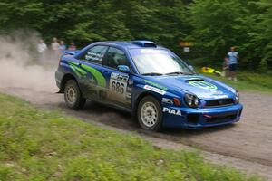 Heath Nunnemacher / Heidi Nunnemacher Subaru WRX goes CRUNCH at the finish of the practice stage.