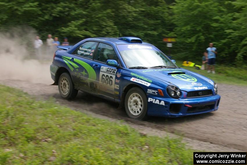 Heath Nunnemacher / Heidi Nunnemacher Subaru WRX goes CRUNCH at the finish of the practice stage.