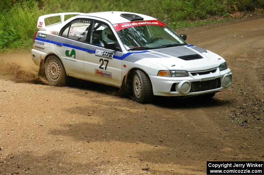 The Chris Gilligan / Joe Petersen Mitsubishi Lancer Evo 4, seen here on SS3, was in top form all day.