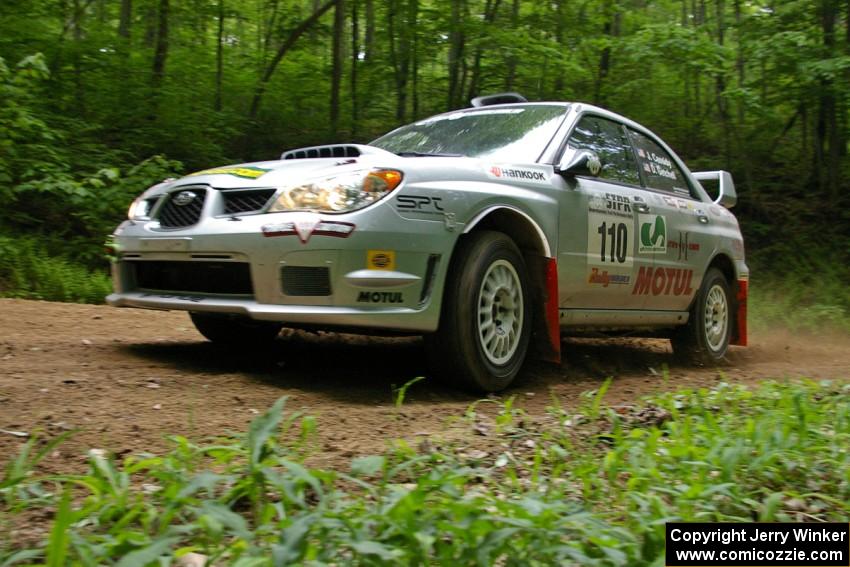 John Cassidy / Dave Getchell Subaru WRX-STi at a hairpin on SS3.