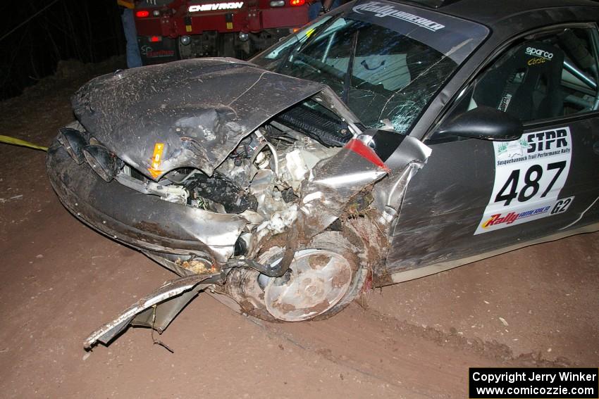 The Colin Bombara / Rob Pantzer Dodge Neon is pulled away from the bank to reveal the destruction.