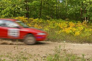 The Dennis Martin / Kim DeMotte Mitsubishi Evo 4 blasts past ferns that were turning yellow prematurely from the dry summer.