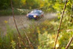 Tim Penasack / Scott Putnam are captured in a web while on the practice stage in their Subaru WRX.