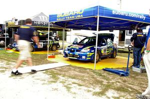 The Travis Pastrana / Christian Edstrom Subaru WRX STi gets last minute prep before starting the press stage on Friday.