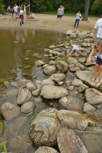 People walk across the Mississsippi River at its start at Lake Itasca.