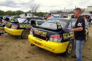 The two Subaru WRX STi's of the SYMS Rockstar Team of Tanner Foust / Chrissie Beavis and Andy Pinker / Robbie Durant.