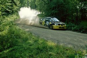 Andy Pinker / Robbie Durant Subaru Impreza WRX STi at speed on SS2 near the finish.