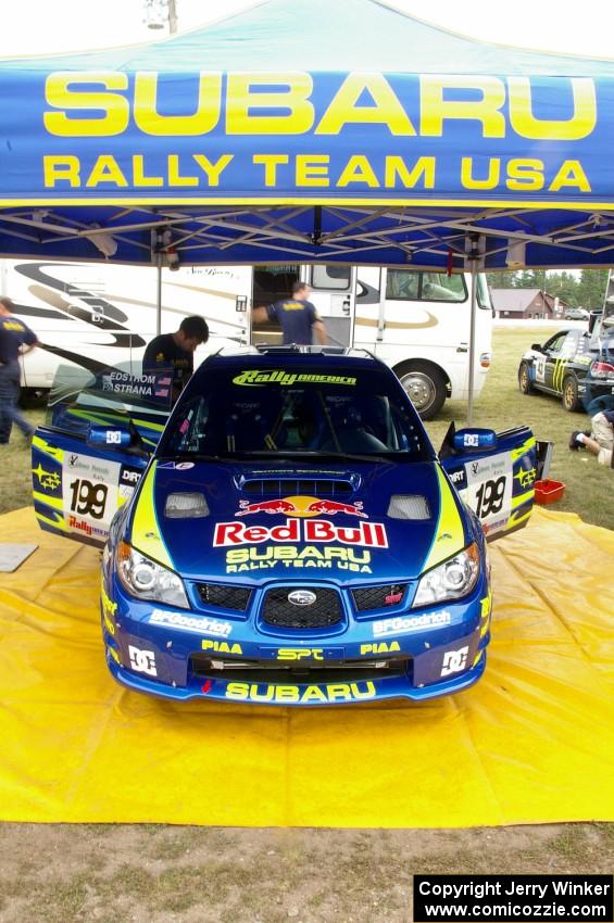 The Travis Pastrana / Christian Edstrom Subaru WRX STi gets last minute prep before starting the press stage on Friday.