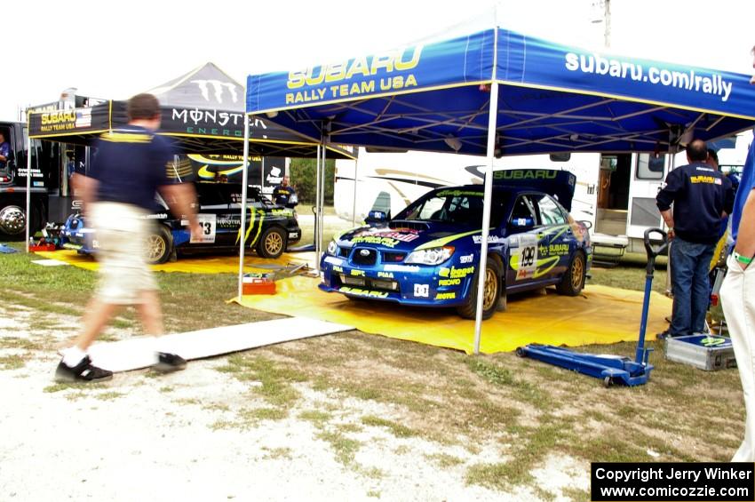 The Travis Pastrana / Christian Edstrom Subaru WRX STi gets last minute prep before starting the press stage on Friday.