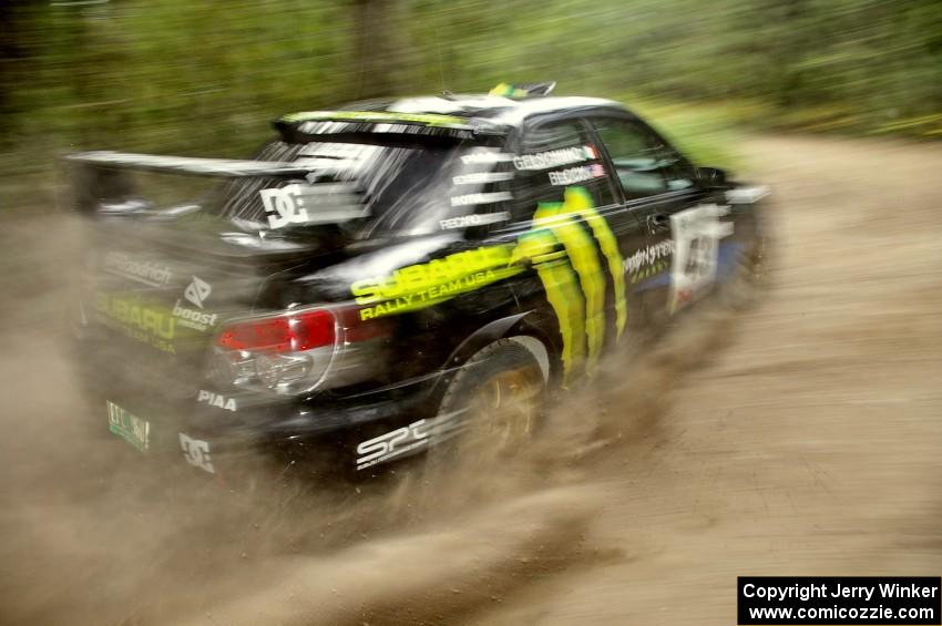 Ken Block / Alex Gelsomino Subaru WRX STi sprays gravel on the press stage.