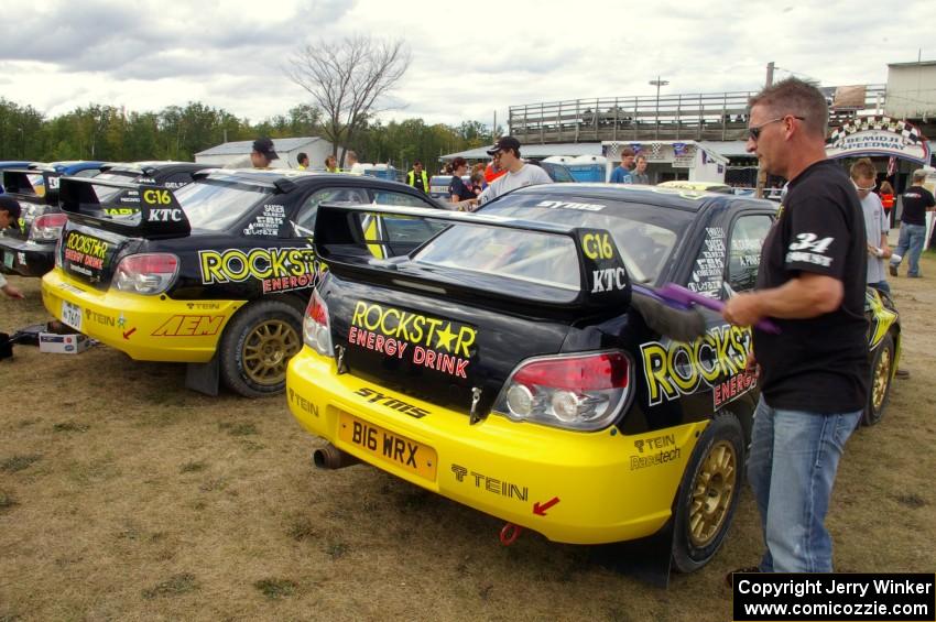 The two Subaru WRX STi's of the SYMS Rockstar Team of Tanner Foust / Chrissie Beavis and Andy Pinker / Robbie Durant.