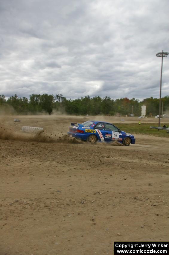 Kazimierz Pudelek / Mariusz Malik Subaru Impreza corner hard on the SS1 super special stage at Bemidji Speedway.