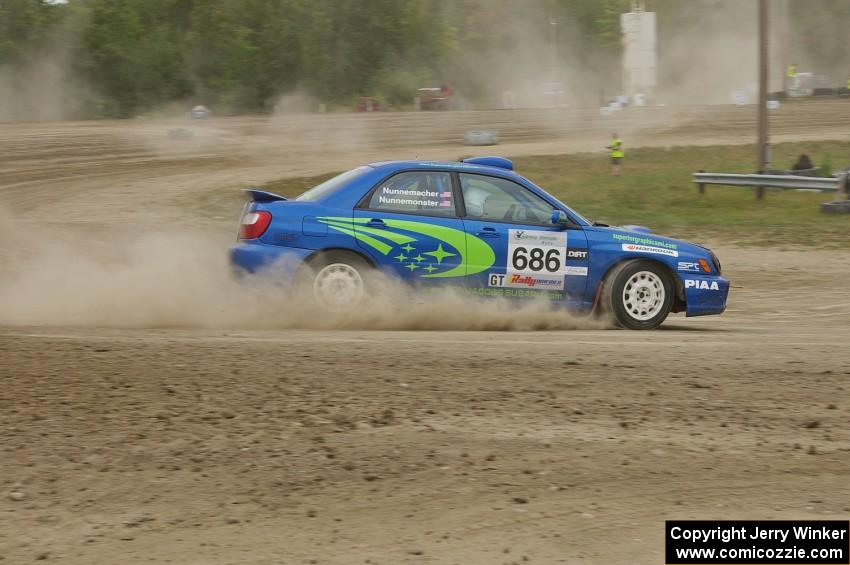 Heath Nunnemacher / Heidi Nunnemacher Subaru WRX enters the infield on SS1 at the Bemidji Speedway.