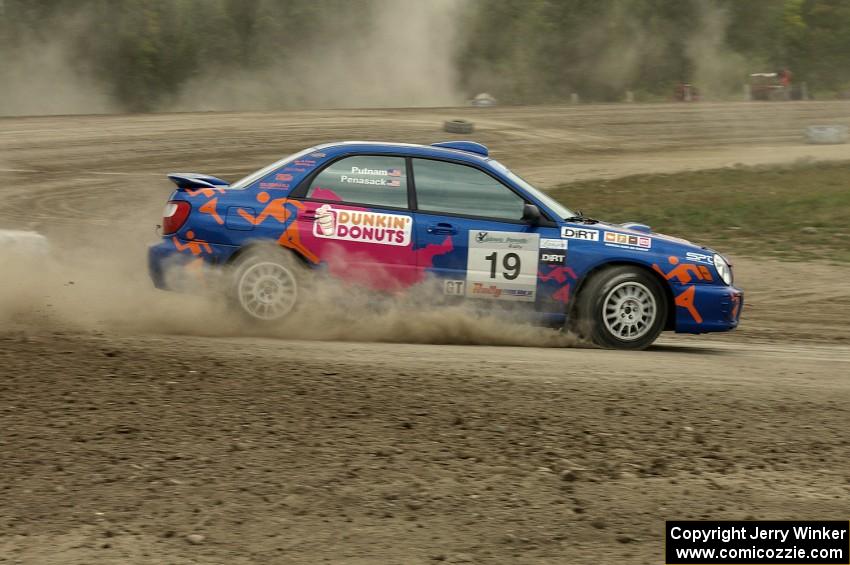 Tim Penasack / Scott Putnam Subaru WRX head into the Bemidji Speedway infield section on SS1.