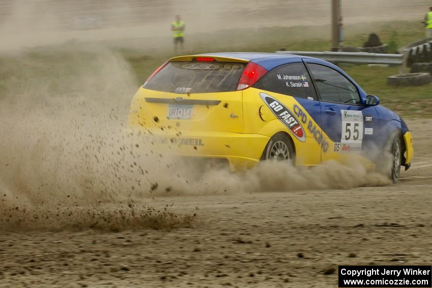 Kyle Sarasin / Mikael Johansson Ford Focus SVT enters the infield at the Bemidji Speedway Super Special, SS1.