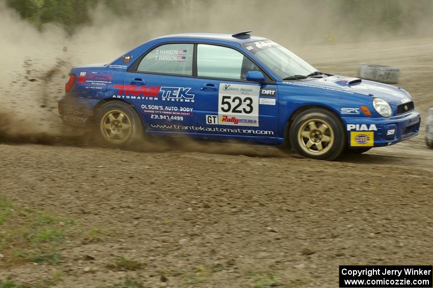 Travis Hanson / Terry Hanson Subaru WRX at speed on SS1 at the Bemidji Speedway.