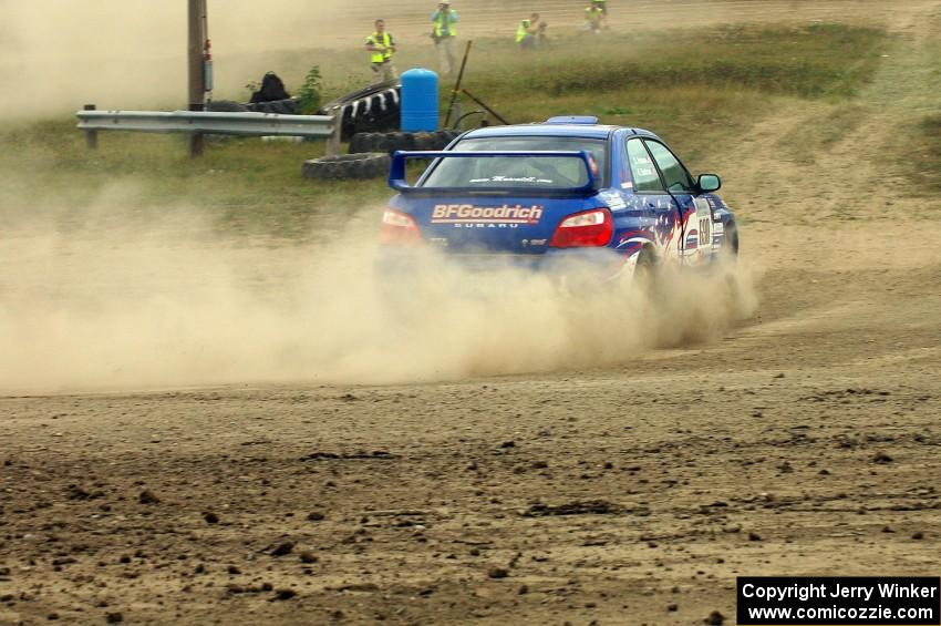 Kenny Bartram / Dennis Hotson Subaru WRX STi blasts gravel at the SS1 Super Special at the Bemidji Speedway.