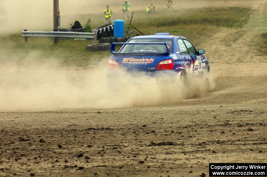 Kenny Bartram / Dennis Hotson Subaru WRX STi blasts gravel at the SS1 Super Special at the Bemidji Speedway.
