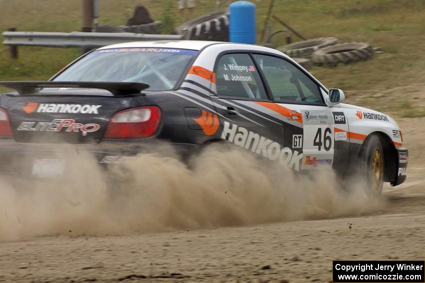 Matthew Johnson / Jeremy Wimpey Subaru WRX at speed on SS1. Unfortunately they rolled on SS2 and DNF'ed.