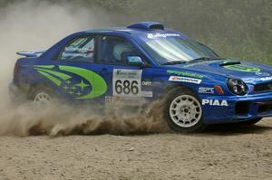 Heath Nunnemacher / Heidi Nunnemacher Subaru WRX at a hard 90-left on SS9.