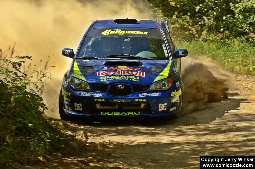 Travis Pastrana / Christian Edstrom Subaru WRX STi at SS12 just after the double jump.