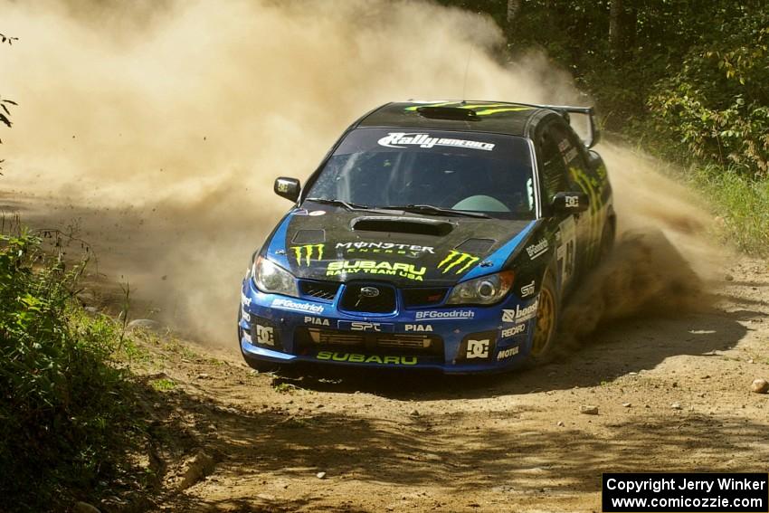 Ken Block / Alex Gelsomino Subaru WRX STi at a hard uphill right on SS12.