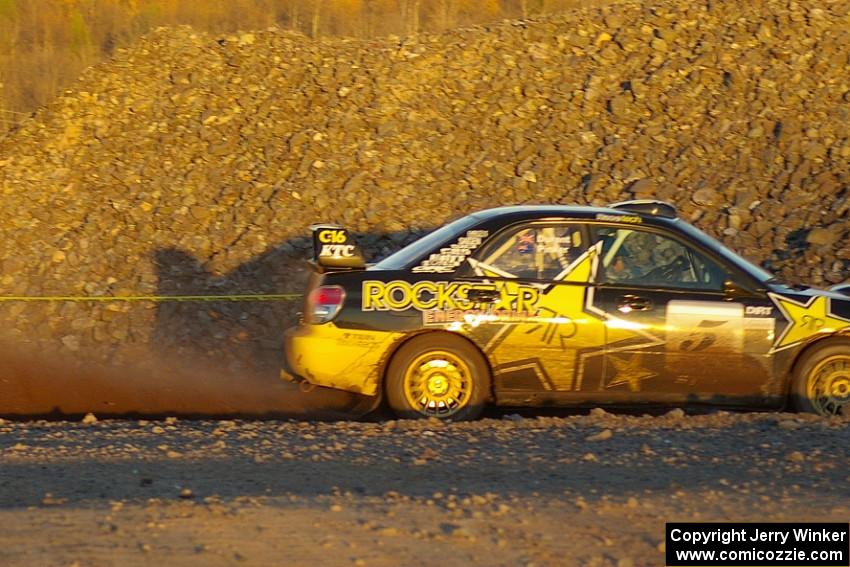 Andy Pinker / Robbie Durant Subaru Impreza WRX just before sundown on the practice stage.