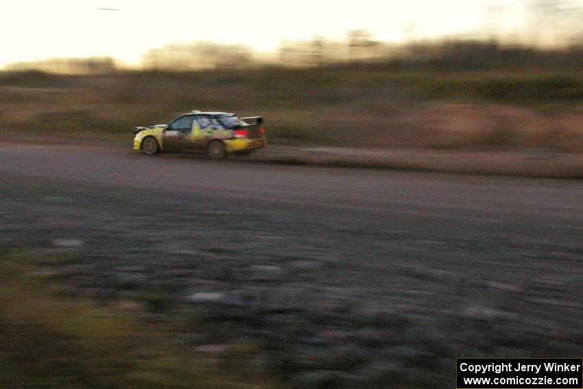 Tanner Foust / Chrissie Beavis Subaru WRX on the practice stage (2).