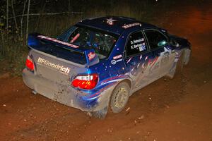 Kenny Bartram / Dennis Hotson Subaru WRX slings gravel at the final corner on SS4, Echo Lake 1.