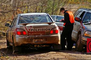 Yurek Cienkosz / Mariusz Malik Subaru WRX checks into the finish control of Gratiot Lake 1, SS9.