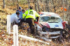 The crashed Subaru WRX of Justin Pritchard / Bill Westrick rests against a tree after a 60 MPH impact.