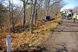 The crashed Subaru WRX of Justin Pritchard / Bill Westrick rests against a tree after a 60 MPH impact.