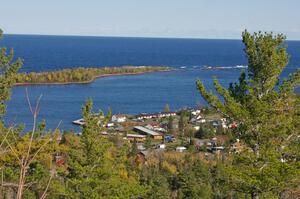 The view of Copper Harbor at the rest stop near the second hairpin to the top (1).