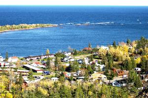The view of Copper Harbor at the rest stop near the second hairpin to the top (3).