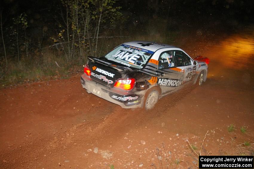 Matthew Johnson / Jeremy Wimpey Subaru WRX slings gravel at the final corner of SS4, Echo Lake 1.