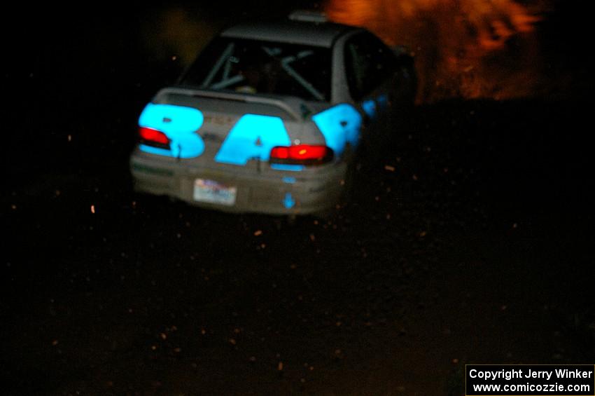 Henry Krolikowski / Cindy Krolikowski Subaru WRX sling gravel at the final corner of Echo Lake 1, SS4.