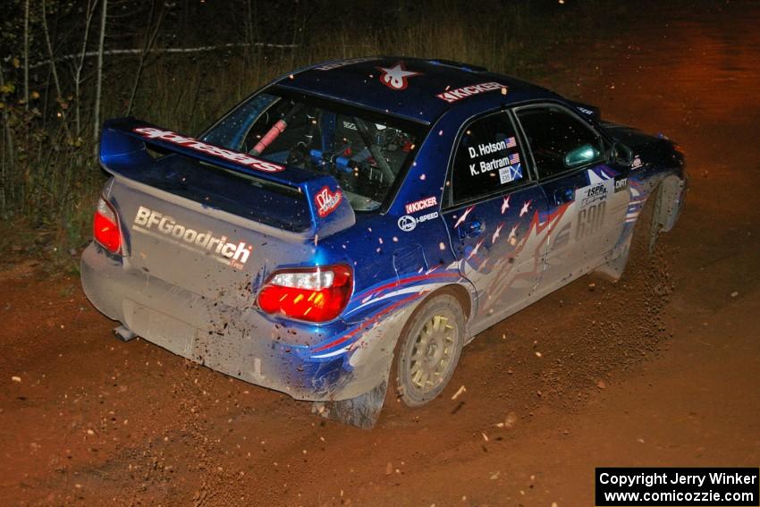 Kenny Bartram / Dennis Hotson Subaru WRX slings gravel at the final corner on SS4, Echo Lake 1.