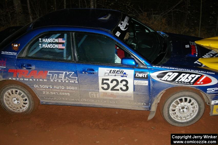 Travis Hanson / Terry Hanson Subaru WRX at the final corner of SS4, Echo Lake 1.