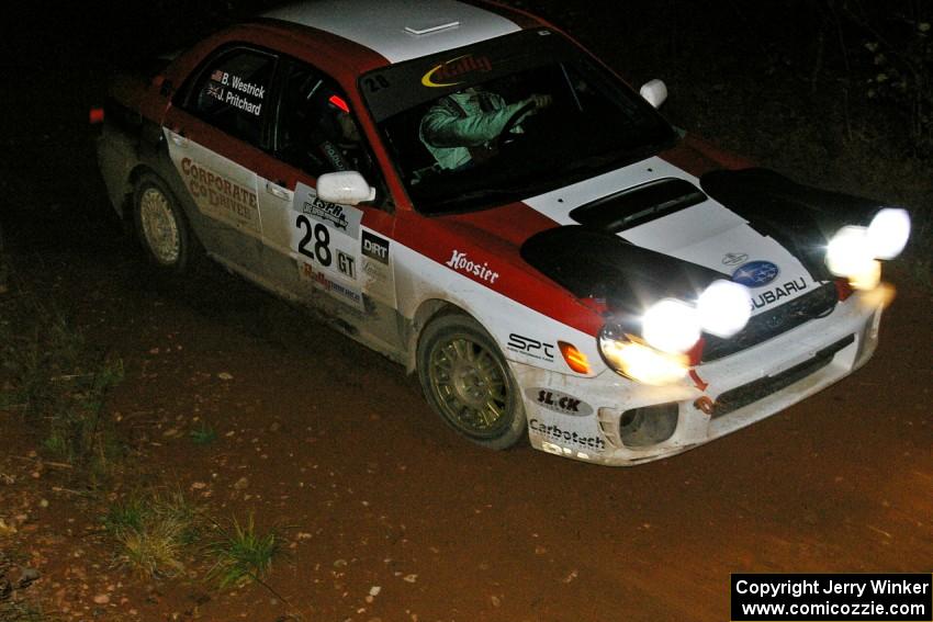 Justin Pritchard / Bill Westrick Subaru WRX through the final corner of SS4, Echo Lake 1.