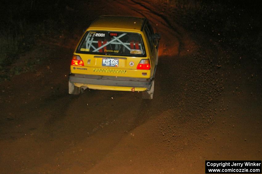Dave Allan / Tammy Allan VW GTI slings gravel at the final corner of SS4, Echo Lake 1.