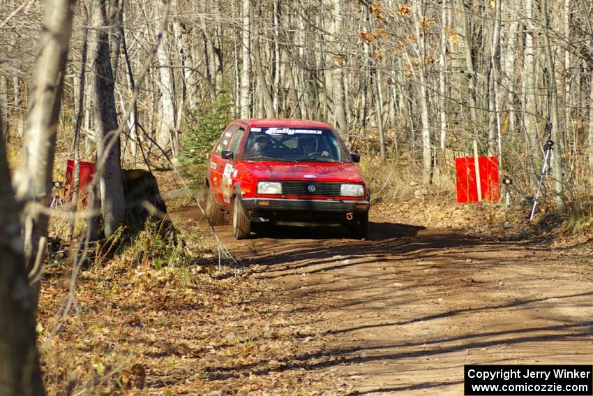 Paul Koll / Matt Wappler VW GTI comes across the finish of SS9, Gratiot Lake 1.