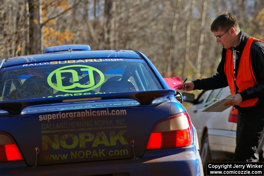 Heath Nunnemacher / Heidi Nunnemacher Subaru WRX check into the end of Gratiot Lake 1, SS9.