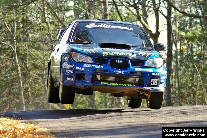 Ken Block / Alex Gelsomino Subaru WRX on the midpoint jump of Brockway Mountain 1. SS13.