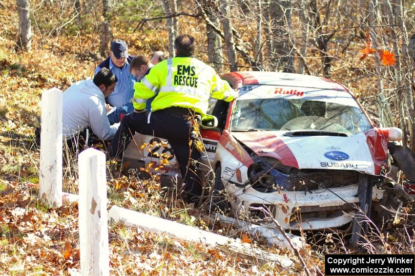 The crashed Subaru WRX of Justin Pritchard / Bill Westrick rests against a tree after a 60 MPH impact.