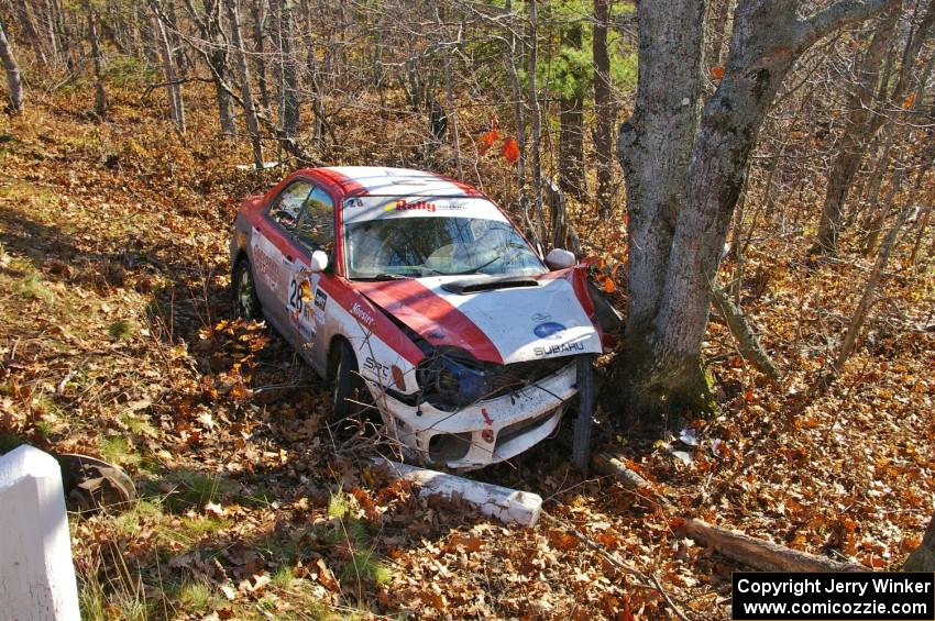 Justin Pritchard / Bill Westrick Subaru WRX crashed about 3/4 of the way through the stage.