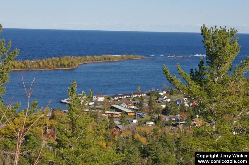 The view of Copper Harbor at the rest stop near the second hairpin to the top (1).