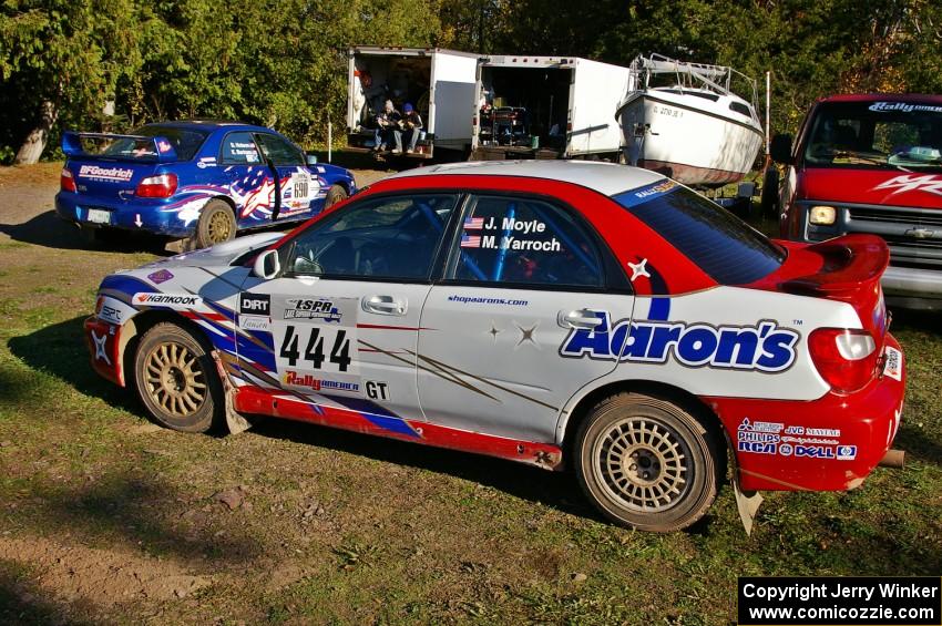 Jeff Moyle / Mike Yarroch Subaru WRX and the Kenny Bartram / Dennis Hotson Subaru WRX in the background at Copper Harbor service