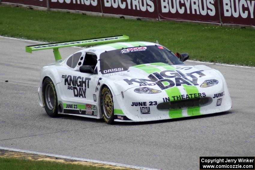 Tomy Drissi's Jaguar XKR comes to a stop between turns five and six